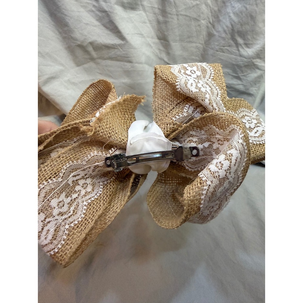 Burlap and Lace Oversized Hair Bow French Barrette Rustic Country Style - Picture 4 of 4